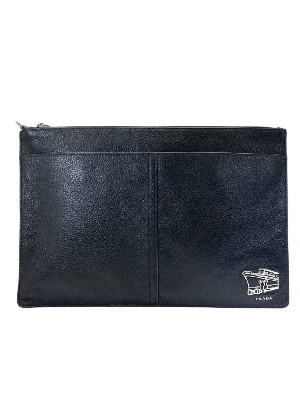 Prada Clutch Document Case Logo Ship Leather Black Business